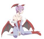  1girl animal_print bangs bare_shoulders bat_print bat_wings between_legs breasts bridal_gauntlets closed_mouth commentary_request demon_girl flat_chest full_body hand_between_legs head_wings highres leotard lilith_aensland own_hands_clasped own_hands_together pantyhose print_legwear purple_hair red_eyes red_leotard short_hair sitting smile solo vampire_(game) wariza wings yoxtut 
