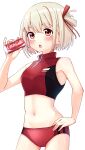  1girl absurdres ao_(flowerclasse) bangs bare_arms bare_shoulders blonde_hair blush breasts buruma can coca-cola commentary_request cowboy_shot crop_top hair_between_eyes hair_ribbon hand_on_hip highres holding holding_can looking_at_viewer lycoris_recoil medium_breasts navel nishikigi_chisato parted_lips red_buruma red_eyes red_ribbon ribbon simple_background soda_can solo sweat white_background 