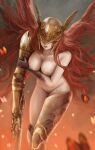  1girl bangs breasts closed_mouth covered_eyes covered_nipples elden_ring helmet highres holding holding_sword holding_weapon large_breasts long_hair looking_at_viewer malenia_blade_of_miquella malenia_goddess_of_rot mechanical_arms nude nyatokanyaru prosthesis prosthetic_arm red_hair simple_background single_mechanical_arm solo sword very_long_hair weapon winged_helmet wings 