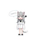  1girl :3 :d ahoge amashiro_natsuki animal_ear_fluff animal_ears bangs black_footwear blue_eyes blush_stickers cat_ears cat_girl cat_tail character_name chibi collared_shirt commentary_request fang grey_hair indie_virtual_youtuber long_hair long_sleeves looking_at_viewer nachoneko romaji_commentary romaji_text sandals shirt sign sign_around_neck simple_background sleeves_past_fingers sleeves_past_wrists smile solo standing tail translated virtual_youtuber white_background white_shirt 