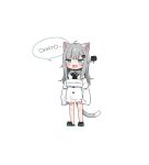  1girl :3 :d ahoge amashiro_natsuki animal_ear_fluff animal_ears bangs black_footwear blue_eyes blush_stickers cat_ears cat_girl cat_tail character_name chibi collared_shirt commentary_request fang grey_hair indie_virtual_youtuber long_hair long_sleeves looking_at_viewer nachoneko romaji_commentary romaji_text sandals shirt sign sign_around_neck simple_background sleeves_past_fingers sleeves_past_wrists smile solo standing tail translation_request virtual_youtuber white_background white_shirt 