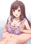  1boy 1girl bikini breasts brown_hair censored fingernails gradient gradient_background grey_background hetero highres idolmaster idolmaster_shiny_colors kata2yama large_breasts long_hair mosaic_censoring open_mouth paizuri penis purple_bikini red_eyes solo_focus swimsuit tsukioka_kogane 