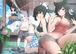  4girls absurdres animal_ears atago_(azur_lane) azur_lane bangs black_hair brown_eyes camisole casual choukai_(azur_lane) dog_ears dress extra_ears food fruit hair_ears hair_flaps hair_ornament highres kneeling long_hair maya_(azur_lane) mole mole_under_eye multiple_girls popsicle ribbon scarf shirt short_hair shorts sitting soyoghi standing sundress swept_bangs takao_(azur_lane) watermelon white_hair white_ribbon white_scarf white_shirt 