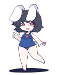  1girl animal_ears bare_arms bare_legs bare_shoulders barefoot black_hair blue_swimsuit blush_stickers fried_rice0614 full_body highres inaba_tewi name_tag one-hour_drawing_challenge one-piece_swimsuit open_mouth rabbit_ears rabbit_tail red_eyes short_hair simple_background smile solo swimsuit tail touhou white_background 