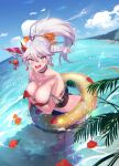  1girl alternate_costume asymmetrical_horns azur_lane bikini breasts cleavage commentary_request covering covering_breasts day earrings food_print hair_between_eyes hakuryuu_(azur_lane) highres horns innertube jewelry large_breasts leaning_forward long_hair looking_at_viewer ocean open_mouth outdoors red_bikini red_horns shimotsuki_shio solo string_bikini swimsuit untied untied_bikini wading wardrobe_malfunction water white_eyes white_hair white_horns wide_ponytail yellow_innertube 