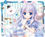  1girl :o angora_rabbit animal animal_ears aono_ribbon apron bangs black_headwear blue_dress blue_eyes blue_hair blush bow bowtie card checkerboard_cookie commentary_request cookie dress feet_out_of_frame food frilled_apron frilled_dress frills gochuumon_wa_usagi_desu_ka? hair_between_eyes hair_ornament hand_up hat heart kafuu_chino knees_together_feet_apart knees_up maid_apron mini_hat mini_top_hat open_mouth oversized_object playing_card pleated_dress puffy_short_sleeves puffy_sleeves rabbit rabbit_ears red_bow red_bowtie short_sleeves spade_(shape) spoon striped striped_background teapot tippy_(gochiusa) top_hat twitter_username vertical_stripes white_apron x_hair_ornament 