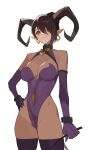  1girl bracelet brown_hair clothing_cutout collar contrapposto demon_girl earrings elbow_gloves from_below gloves halterneck hand_on_hip highres horns jason_kim jewelry looking_at_viewer navel_cutout original pointy_ears see-through simple_background skin_tight solo thighhighs white_background yellow_eyes 