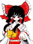  1girl ascot bangs black_hair bow closed_mouth colored_skin commentary detached_sleeves frilled_bow frilled_hair_tubes frilled_shirt_collar frills hair_bow hair_tubes hakurei_reimu highres large_bow long_hair long_sleeves looking_at_viewer mspaint_(medium) neruzou nontraditional_miko red_bow red_eyes red_skirt red_vest redrawn sidelocks simple_background skirt skirt_set smile solo standing straight-on touhou upper_body vest white_background white_skin white_sleeves wide_sleeves yellow_ascot 