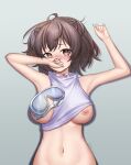  1girl ahoge animal_ears arknights blush breasts breasts_out brown_eyes brown_hair choker covering_mouth goggles goggles_removed grey_background highres large_breasts looking_at_viewer lying navel nipples on_back otter_ears otter_girl roberta_(arknights) rryiup shirt shirt_aside short_hair simple_background solo stomach twitter_username upper_body white_choker white_shirt 