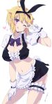  1girl ;q ahoge alternate_costume apron blonde_hair blush breasts cleavage crop_top enmaided frilled_straps gloves groin hand_on_own_thigh heart highres ibuki_tsubasa idolmaster idolmaster_million_live! large_breasts looking_at_viewer maid miniskirt navel one_eye_closed oomura_karasu purple_eyes rabbit_tail skirt solo tail thigh_strap tongue tongue_out two-tone_shirt w white_apron white_gloves 