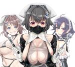  3girls ahoge alternate_costume artist_name ball_gag bandana black_gloves black_hair blush braid breasts brown_hair chougei_(kancolle) dated elbow_gloves enmaided gag gloves grey_eyes grin hair_between_eyes hair_flaps hair_ornament hair_rings hairclip holding jingei_(kancolle) kantai_collection large_breasts long_hair low_ponytail low_twintails maid maid_headdress mask mouth_mask multiple_girls open_mouth purple_hair red_eyes see-through signature simple_background single_hair_intake smile taigei_(kancolle) tk8d32 twin_braids twintails upper_body whale_hair_ornament white_background white_gloves 