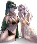  2girls alternate_costume bangs bikini black_bikini black_swimsuit blue_eyes bow breasts cleavage closed_mouth collarbone commentary_request delsaber earrings fire_emblem fire_emblem:_the_blazing_blade florina_(fire_emblem) green_hair green_jacket hair_bow hair_intakes highres jacket jewelry large_breasts long_hair looking_at_viewer lyn_(fire_emblem) medium_breasts multiple_girls navel off_shoulder parted_bangs ponytail purple_hair see-through shadow simple_background sitting smile stomach swimsuit very_long_hair wavy_hair wet white_background white_bikini white_bow white_swimsuit 