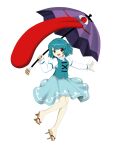  1girl aqua_eyes aqua_hair aqua_skirt aqua_vest bangs bare_legs barefoot_sandals full_body geta heterochromia highres holding holding_umbrella juliet_sleeves karakasa_obake long_sleeves looking_at_viewer medium_hair open_mouth outstretched_arm parasite_oyatsu puffy_sleeves purple_umbrella red_eyes shirt simple_background skirt sleeve_garter smile solo standing swept_bangs tachi-e tatara_kogasa tongue touhou transparent_background umbrella white_shirt zun_(style) 