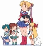  5girls aino_minako artemis_(sailor_moon) bishoujo_senshi_sailor_moon black_cat blonde_hair blue_sailor_collar blue_skirt boots bow carrying cat choker crescent crescent_earrings double_bun earrings elbow_gloves gloves hair_bun heart heart_choker hino_rei holding_hands inner_senshi jewelry kino_makoto long_hair luna_(sailor_moon) mizuno_ami multiple_girls red_bow red_footwear sailor_collar sailor_jupiter sailor_mars sailor_mercury sailor_moon sailor_senshi sailor_senshi_uniform sailor_venus simple_background size_difference skirt tiara tsubobot tsukino_usagi white_background white_cat white_gloves 