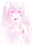  1girl bangs commentary grey_hair hair_between_eyes hatsune_miku highres limited_palette long_hair looking_at_viewer melt_(vocaloid) open_hand parted_lips peso_(honopesopeso) pink_eyes shirt solo twintails upper_body very_long_hair vocaloid white_shirt 