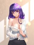  1girl bangs bare_shoulders breasts cleavage earrings genshin_impact highres hun_shui jewelry large_breasts long_hair mole mole_under_eye off_shoulder open_mouth purple_eyes purple_hair raiden_shogun solo 