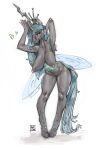  2020 anthro anthrofied arthropod blue_hair blue_tail breasts changeling collarbone crown female friendship_is_magic genitals green_eyes hair half-closed_eyes hanging_breasts hasbro hi_res hooves horn insect_wings lips long_hair long_tail my_little_pony narrowed_eyes nipples non-mammal_breasts nude pussy queen_chrysalis_(mlp) reptilian_orbit signature smile solo standing unicorn_horn wide_hips wings 