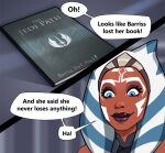  ahsoka_tano alien alien_humanoid blue_eyes book clothed clothing dialogue eyelashes facial_markings female head_markings hi_res humanoid lekku_(anatomy) looking_down markings not_furry olenaminko smile solo speech_bubble star_wars togruta 