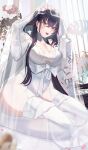 1girl :d azuma_(azur_lane) azuma_(lily-white_longing)_(azur_lane) azur_lane black_hair blush breasts bridal_veil cafenami cleavage commentary_request dress highres kneeling large_breasts long_hair looking_at_viewer official_alternate_costume see-through see-through_dress smile solo thighhighs veil very_long_hair wedding_dress white_dress white_garter_straps white_thighhighs yellow_eyes 