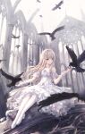  1girl animal bangs bare_shoulders bird blonde_hair blue_eyes closed_mouth commentary_request crow day dress frilled_dress frills highres long_hair missile228 off-shoulder_dress off_shoulder original pantyhose shoes sitting smile solo very_long_hair white_dress white_footwear 