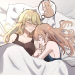  2girls absurdres arm_grab bare_shoulders blanket blonde_hair blush breasts brown_hair cat closed_eyes collarbone commentary_request facing_another genshin_impact hair_between_eyes highres imagining jean_(genshin_impact) lisa_(genshin_impact) long_hair multiple_girls pillow sideboob sketch sleeping sweat tank_top thought_bubble under_covers yamabuki0211 yuri 