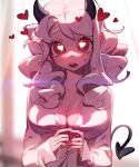  1girl black_horns blush breasts demon_horns demon_tail heart heart-shaped_pupils helltaker horns modeus_(helltaker) shirt sweatdrop symbol-shaped_pupils tail unmyu white_hair white_shirt 