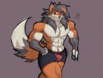  abs absurd_res anthro athletic bedroom_eyes black_hair boxers_(clothing) bulg canid canine clothing fitness fluffy fluffy_tail fox fur fur_markings glistening glistening_body glistening_skin hair hi_res iaian_luxo_fox jackson_stullinger(iaian_luxo_fox) long_hair male male/male mammal markings muscular muscular_anthro muscular_male narrowed_eyes pawpads pecs pectoral_bulge red_eyes seductive smile solo underwear 