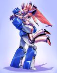  1boy 1girl blue_background decepticon english_commentary hetero highres hug lina_rojas mecha mechanical_wings open_mouth original parted_lips red_eyes robot shadow smile soundwave_(transformers) transformers wings 