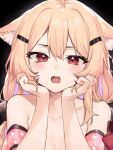  1girl animal_ears bangs bare_shoulders black_background blonde_hair blush breasts cat_ears cleavage collarbone commentary english_commentary facial_mark fang hair_between_eyes hair_ornament hairclip hands_up long_hair looking_at_viewer neonbeat open_mouth red_eyes shyrei_faolan simple_background solo squchan vyugen whisker_markings 