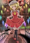 1girl ascot blonde_hair clothes_lift curtsey dress dress_lift flandre_scarlet grin hat highres lifted_by_self lobstrater64 looking_at_viewer mob_cap puffy_sleeves red_footwear scarlet_devil_mansion skirt skirt_basket skirt_hold skirt_lift smile solo thighhighs touhou wings wrist_cuffs 