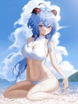  1girl absurdres ahoge bangs bare_arms bare_legs bare_shoulders barefoot bikini blue_hair blue_sky blush breasts cleavage cleavage_cutout clothing_cutout cloud collarbone commentary day ganyu_(genshin_impact) genshin_impact groin hair_between_eyes heart_cutout hee_(user_ykux4248) highres horns large_breasts long_hair looking_at_viewer navel purple_eyes sitting sky solo stomach swimsuit thighs very_long_hair water white_bikini yokozuwari 