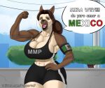  abs absurd_res anthro armband big_breasts bottomwear breasts canid canine canis cleavage clothed clothing colored domestic_dog female hi_res looking_at_viewer mammal maria_(pancarta) mexican_flag muscular muscular_arms muscular_female outside pancarta shorts solo spanish_text speech_bubble sportswear text wide_hips 