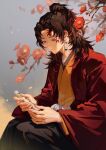  1boy absurdres black_hair black_hakama branch brown_hair coat colored_tips earrings facial_mark feet_out_of_frame flower flute grey_background hakama haori happy high_ponytail highres holding holding_instrument instrument japanese_clothes jewelry kimetsu_no_yaiba light_particles long_hair long_sleeves looking_away looking_down male_focus multicolored_hair nature ponytail red_coat red_eyes red_flower red_hair sitting smile snow solo streaked_hair tsugikuni_yoriichi ttyttytty wind 