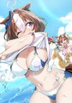  2girls ahoge animal animal_ears bikini blue_ribbon blue_sky breasts brown_hair cat cloud commentary_request day goggles goggles_on_head hair_between_eyes hair_ribbon highres horse_ears horse_girl horse_tail large_breasts meisho_doto_(umamusume) multicolored_hair multiple_girls navel ocean one_eye_closed open_mouth outdoors purple_eyes ribbon sasanon_(sasapoliton) shirt short_hair short_sleeves sky streaked_hair striped striped_bikini striped_shirt swimsuit t.m._opera_o_(umamusume) tail umamusume vertical-striped_bikini vertical_stripes white_bikini white_hair white_shirt 