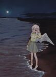  1girl albino angel angel_wings bangs barefoot beach black_skirt cloud dark feathered_wings full_moon green_sweater halo highres io_(onisarashi) long_hair looking_at_viewer moon night night_sky ocean original outdoors pale_skin red_eyes sand scenery skirt sky smile solo star_(sky) sweater white_hair white_wings wings 