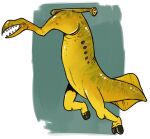  ambiguous_gender anthro biped glistening glistening_eyes green_body imperatorcaesar open_mouth sharp_teeth simple_background solo teeth tully_monster yellow_body yellow_eyes 