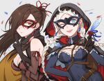  2girls ahoge bangs bare_shoulders blue_eyes braid breasts cape cleavage earrings feathers fire_emblem fire_emblem_fates fire_emblem_heroes hair_over_one_eye highres holding holding_feather hood hood_up hooded_cape jewelry kagero_(fire_emblem) leather_strap low_twintails mask medium_breasts multiple_girls nina_(fire_emblem) official_alternate_costume one_eye_closed parted_bangs peach11_01 phantom_thief red_eyes turtleneck twin_braids twintails 