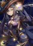  1girl black_gloves clothing_cutout covered_navel detached_sleeves genshin_impact gloves green_eyes hat highres long_hair looking_at_viewer mona_(genshin_impact) purple_hair twintails una_kamra witch_hat 