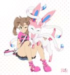  1girl ;d artist_name bag black_bow blue_skirt bow brown_hair closed_eyes dark-skinned_female dark_skin full_body green_eyes handbag highres knees_up long_hair one_eye_closed petting pink_background pink_footwear pokemon pokemon_(creature) pokemon_(game) pokemon_xy r3dfive shauna_(pokemon) sitting skirt smile sylveon twintails 