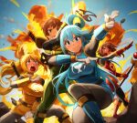  1boy 3girls absurdres aqua_(konosuba) bangs belt black_belt black_bodysuit blue_dress blue_eyes blue_footwear blue_hair blush bodysuit bodysuit_under_clothes boots closed_mouth darkness_(konosuba) dress feet_out_of_frame flipped_hair gloves gold_trim hair_between_eyes hair_bobbles hair_ornament hair_rings highres khyle. kono_subarashii_sekai_ni_shukufuku_wo! long_hair looking_at_viewer megumin multiple_girls one_knee pointing pointing_forward power_rangers_ninja_storm print_dress satou_kazuma sidelocks smile split_mouth straight_hair v-shaped_eyebrows very_long_hair white_gloves 