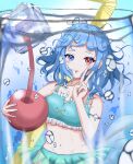  1girl bangs bikini blue_bikini blue_eyes blue_hair blue_nails breasts bubble cherry cleavage cross-laced_clothes cup drinking_glass drinking_straw food fruit groin heterochromia highres ice ice_cube lemon lemon_slice lobstrater64 looking_at_viewer navel red_eyes short_hair solo swimsuit tatara_kogasa tongue tongue_out touhou underwater v 