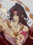  1boy asura_(onmyoji) black_hair dark_skin earrings expressionless facial_mark flower highres japanese_clothes jewelry long_hair looking_at_viewer lotus male_focus multicolored_hair necklace onmyoji pectorals ring sanpaku solo two-tone_hair upper_body white_lotus xianxianmmainiaaa 