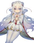  +_+ 13112062088 1girl azur_lane bangs blue_eyes blush breasts cape closed_mouth clothing_cutout commentary_request crossed_bangs double_bun dress epaulettes hair_between_eyes hair_bun hair_ribbon highres le_malin_(azur_lane) long_hair looking_at_viewer pantyhose red_ribbon ribbon simple_background small_breasts smile solo standing thigh_gap thighband_pantyhose underboob_cutout wavy_hair white_background white_dress white_pantyhose 