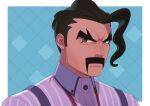  1boy aqua_background black_hair border brown_eyes buttons character_request closed_mouth collared_shirt commentary_request facial_hair highres looking_at_viewer male_focus mustache pokemon pokemon_(game) pokemon_sv portrait purple_shirt ruinai shirt short_hair solo suspenders white_border 