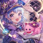  1girl bangs blue_hair book cape copyright_request dragon eyelashes fangs hat hat_ribbon jewelry looking_at_viewer open_mouth pongu purple_eyes ribbon ring short_hair solo stone upper_body witch_hat 