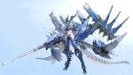  1girl absurdres blue_background blue_hair blue_headwear blue_theme breasts brown_horns closed_mouth dragon_tail gradient gradient_background groin hat head_tilt highres horns long_hair looking_at_viewer mecha_musume mechanical_arms mechanical_legs mechanical_wings navel original pointy_ears purple_eyes robot science_fiction signature single_sidelock solo standing tail takayama_toshiaki weapon wings 