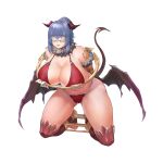  1girl armor arms_behind_back bangs bdsm bikini bikini_armor blindfold blue_hair blue_skirt bondage bound breasts chain covered_nipples demon_horns demon_tail demon_wings feet fur_collar fur_trim game_cg gauntlets hair_between_eyes hair_ornament hair_ribbon highres horns huge_breasts kneehighs last_origin maria_of_penance official_art open_mouth ponytail red_bikini restrained ribbon sidelocks sima_(startwitch) skirt smile socks solo sweatdrop swimsuit tachi-e tail teeth thick_thighs thighs toenails torn_clothes transparent_background white_blindfold white_ribbon wings 