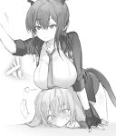  1boy 1girl alternate_breast_size animal_ears ansel_(arknights) arknights bent_over blush breast_rest breasts breasts_on_head ch&#039;en_(arknights) collared_shirt dragon_girl dragon_horns dragon_tail expressionless fingerless_gloves floppy_ears gloves greyscale hair_between_eyes horns jacket large_breasts long_hair monochrome necktie no_mouth open_clothes open_jacket otoko_no_ko otsumami_(02mami) rabbit_boy rabbit_ears shirt short_hair short_sleeves simple_background sweat sweating_profusely tail white_background 