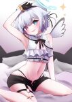  1girl absurdres amemiya_nazuna angel angel_wings arm_above_head arm_up armpits bed black_gloves black_shorts blue_eyes bracelet breasts cleavage cleavage_cutout clothing_cutout fang fingerless_gloves frilled_shirt frills gloves halo heterochromia highres jewelry looking_at_viewer matcha_amigo navel on_bed open_mouth partially_fingerless_gloves pillow pink_eyes shirt short_hair short_shorts shorts skin_fang small_breasts smile strapless thigh_strap tube_top unbuttoned unbuttoned_shorts virtual_youtuber vshojo white_hair white_shirt wings 