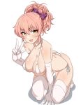  1girl absurdres bangs bare_shoulders bikini blush body_blush bow breasts choker cleavage collarbone elbow_gloves gloves hair_bow hair_ornament hand_up highres idolmaster idolmaster_cinderella_girls jougasaki_mika large_breasts long_hair looking_at_viewer micro_bikini open_mouth pink_hair ponytail purple_bow seihekiog shiny shiny_skin side-tie_bikini sideboob simple_background smile solo string_bikini swimsuit thighhighs thighs underboob white_bikini white_choker white_gloves white_thighhighs yellow_eyes 